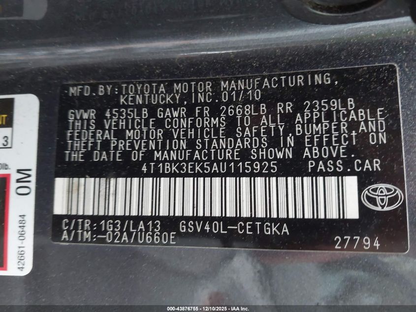 2010 Toyota Camry Xle V6 VIN: 4T1BK3EK5AU115925 Lot: 43876755