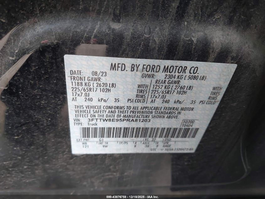 2023 Ford Maverick Xl VIN: 3FTTW8E95PRA81203 Lot: 43876758