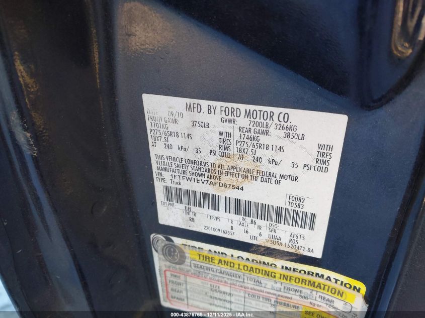 2010 Ford F-150 Fx4/Harley-Davidson/King Ranch/Lariat/Platinum/Xl/Xlt VIN: 1FTFW1EV7AFD67544 Lot: 43876765