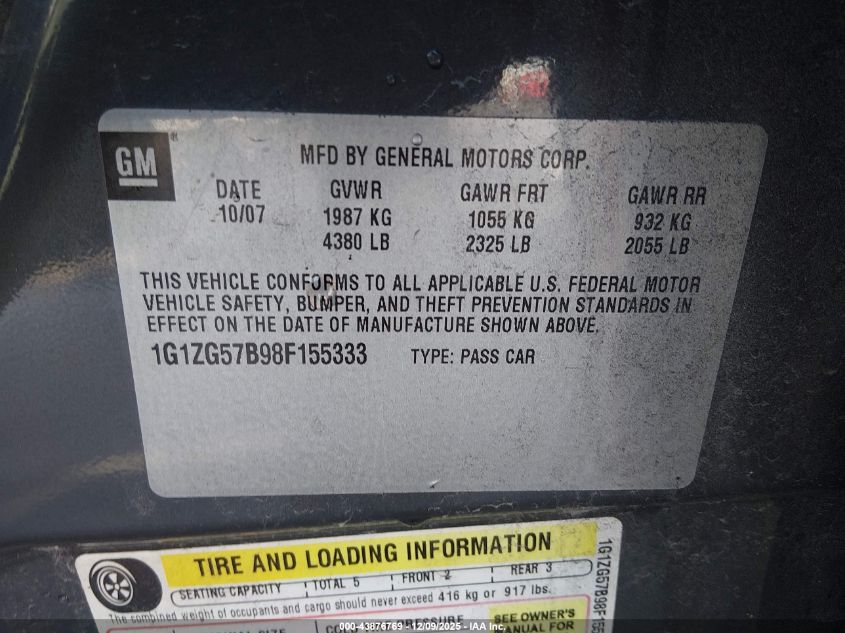 2008 Chevrolet Malibu Ls VIN: 1G1ZG57B98F155333 Lot: 43876769