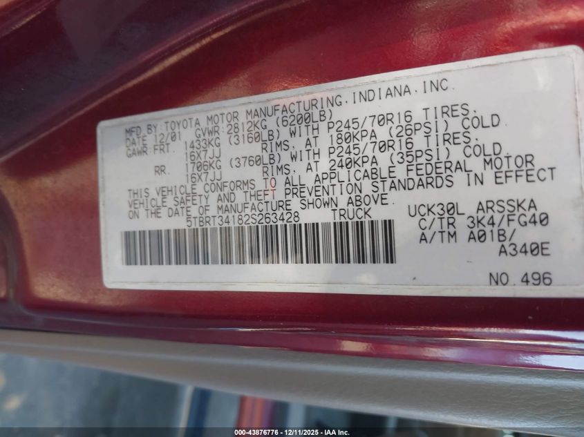 2002 Toyota Tundra Sr5 V8 VIN: 5TBRT34182S263428 Lot: 43876776