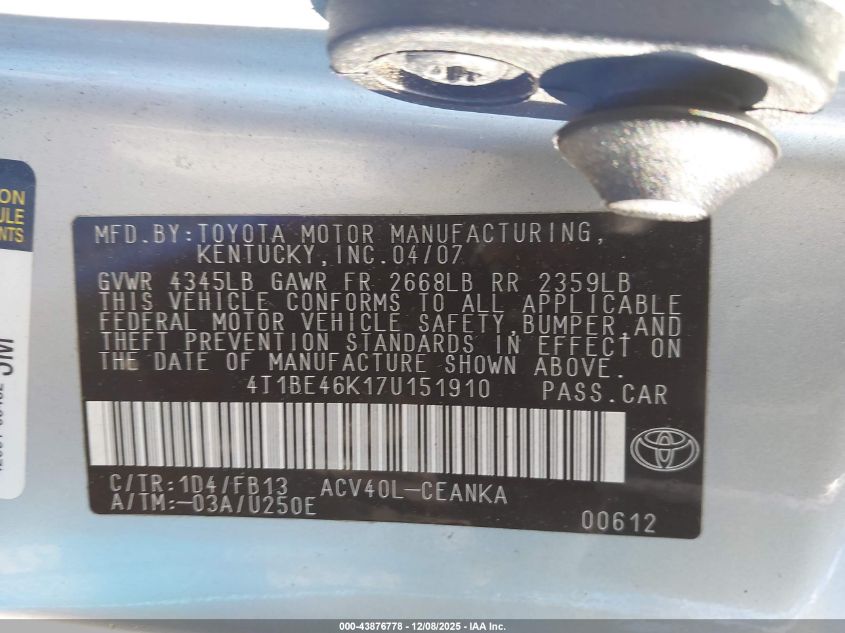 2007 Toyota Camry Le VIN: 4T1BE46K17U151910 Lot: 43876778