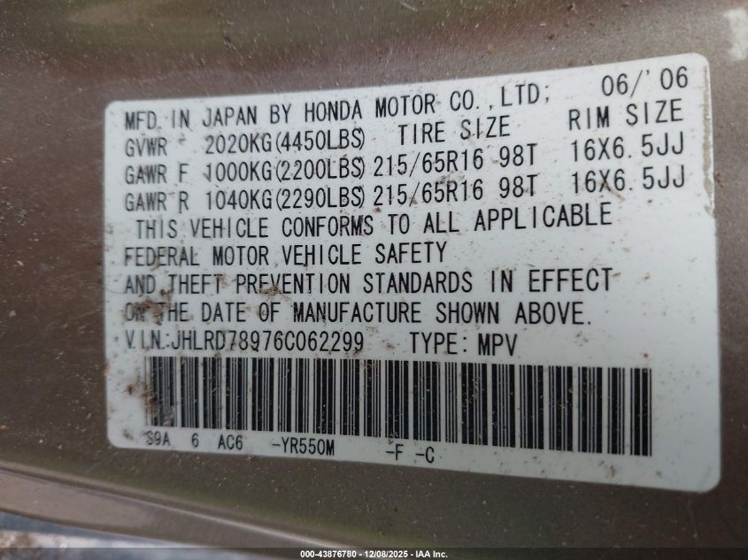 2006 Honda Cr-V Se VIN: JHLRD78976C062299 Lot: 43876780