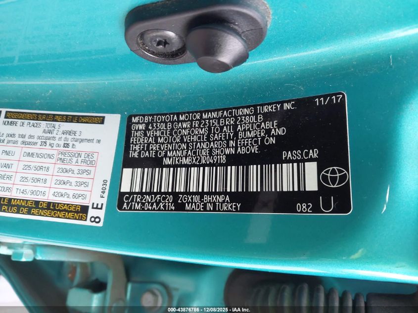 2018 Toyota C-Hr Xle VIN: NMTKHMBX2JR049118 Lot: 43876786