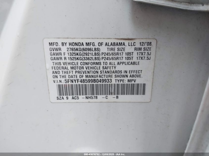 2009 Honda Pilot Ex-L VIN: 5FNYF48599B049933 Lot: 43876792