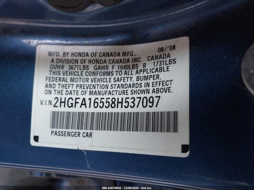 2008 Honda Civic Lx VIN: 2HGFA16558H537097 Lot: 43876802