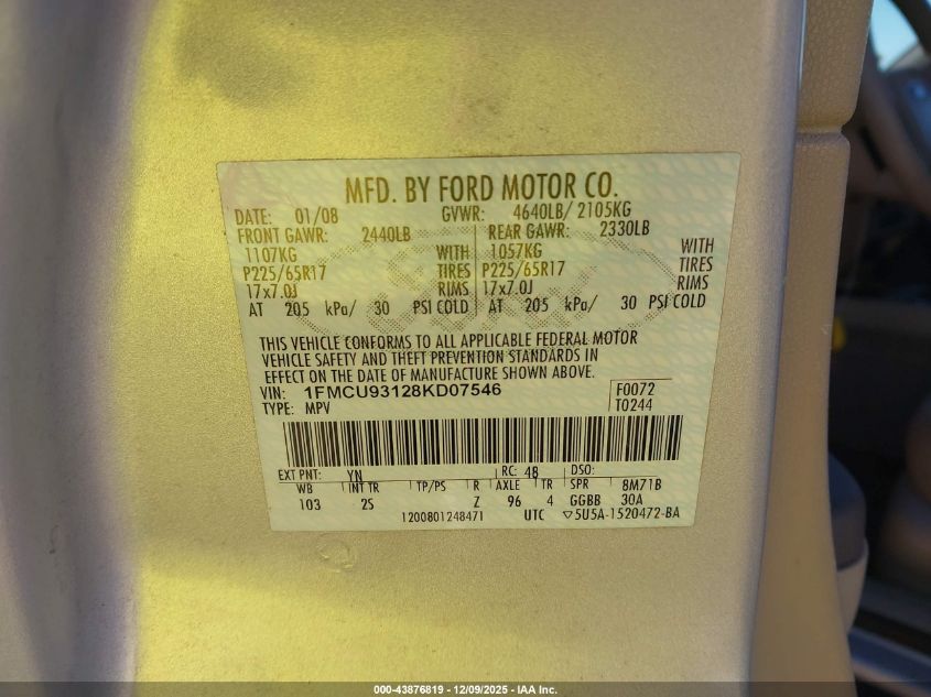 2008 Ford Escape Xlt VIN: 1FMCU93128KD07546 Lot: 43876819