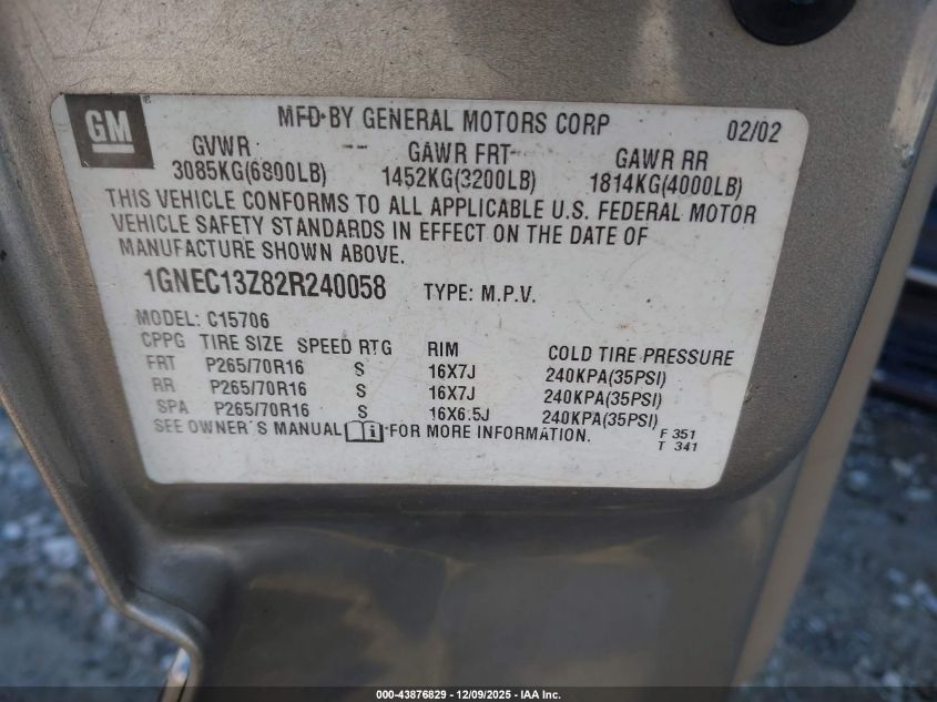 2002 Chevrolet Tahoe Lt VIN: 1GNEC13Z82R240058 Lot: 43876829