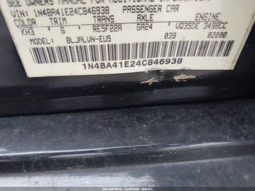 2004 Nissan Maxima 3.5 Se VIN: 1N4BA41E24C846938 Lot: 43876839