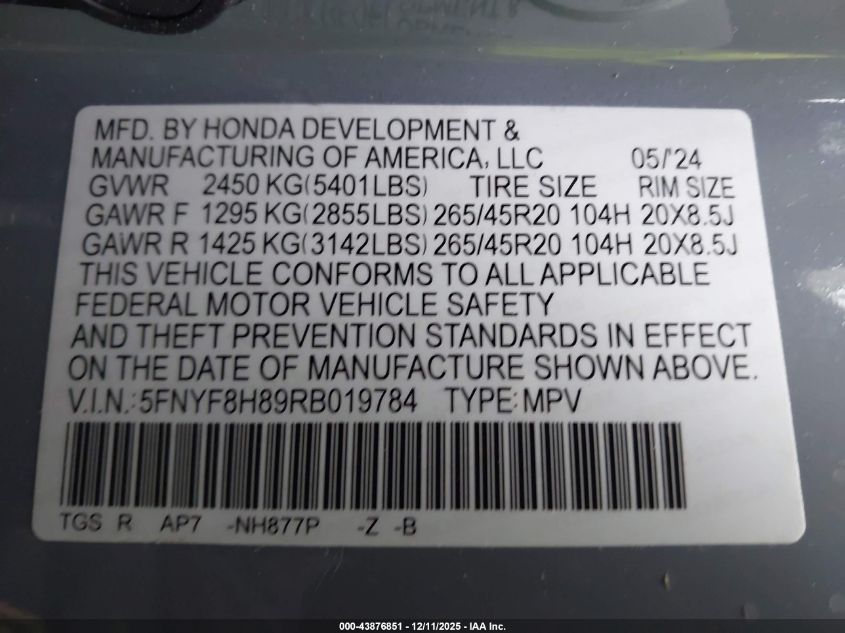 2024 Honda Passport Awd Black VIN: 5FNYF8H89RB019784 Lot: 43876851