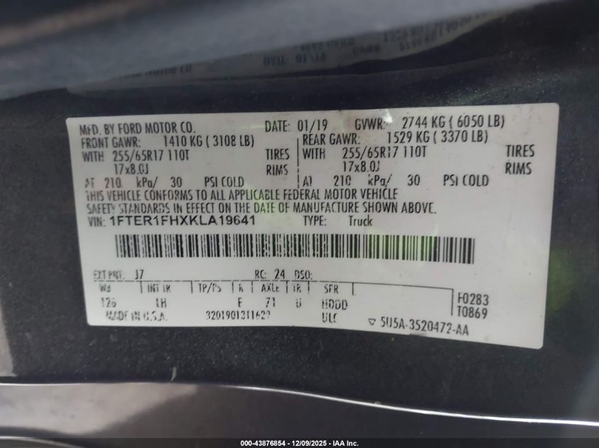 2019 Ford Ranger Xl VIN: 1FTER1FHXKLA19641 Lot: 43876854