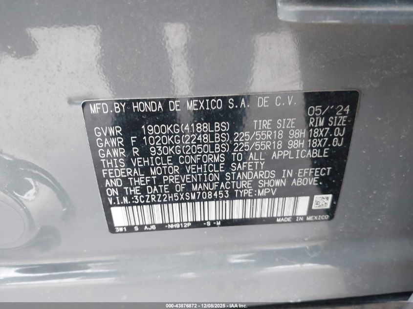 2025 Honda Hr-V Awd Sport VIN: 3CZRZ2H5XSM708453 Lot: 43876872