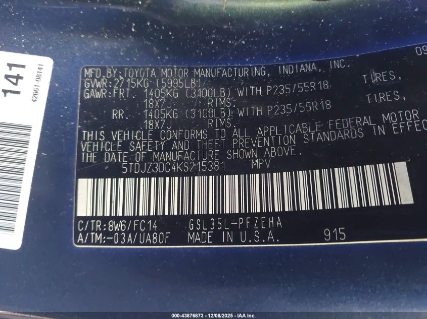 2019 Toyota Sienna Le 7 Passenger VIN: 5TDJZ3DC4KS215381 Lot: 43876873