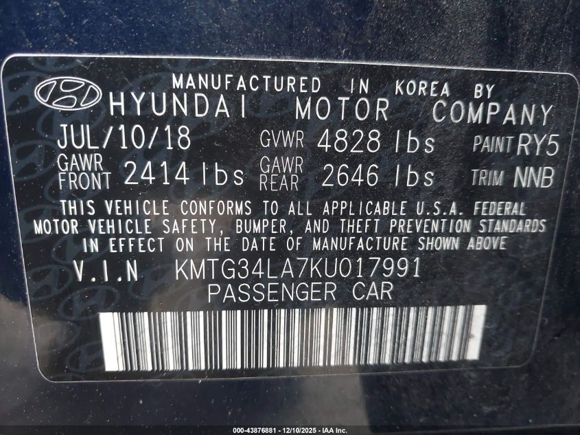 2019 Genesis G70 2.0T Advanced VIN: KMTG34LA7KU017991 Lot: 43876881