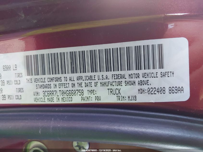 2017 Ram 1500 Big Horn 4X4 5'7 Box VIN: 3C6RR7LT0HG660758 Lot: 43876885