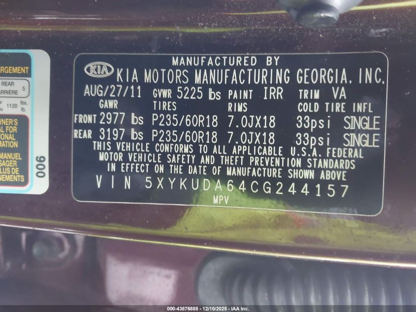 2012 Kia Sorento Ex VIN: 5XYKUDA64CG244157 Lot: 43876888