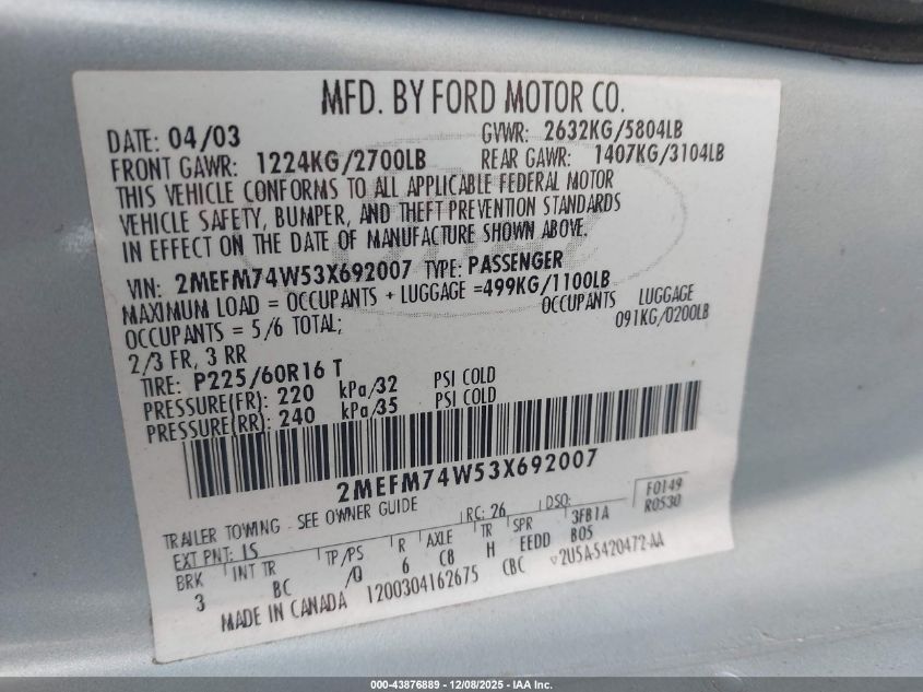 2003 Mercury Grand Marquis Gs VIN: 2MEFM74W53X692007 Lot: 43876889