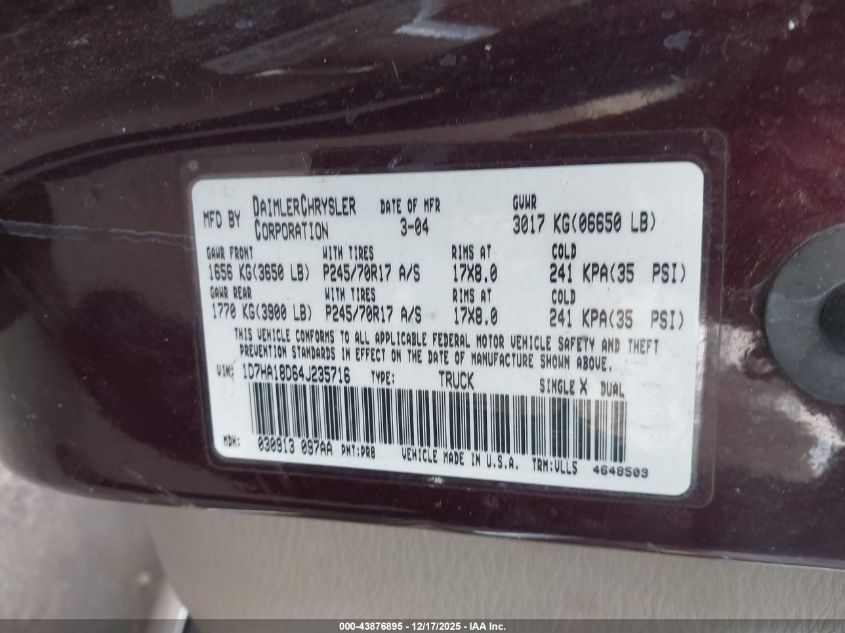 2004 Dodge Ram 1500 Slt/Laramie VIN: 1D7HA18D64J235716 Lot: 43876895
