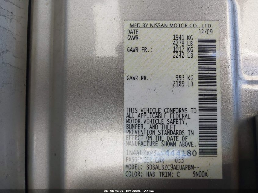 2010 Nissan Altima 2.5 S VIN: 1N4AL2AP3AN444180 Lot: 43876896