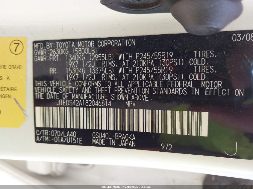 2008 Toyota Highlander Limited VIN: JTEDS42A182046814 Lot: 43876907