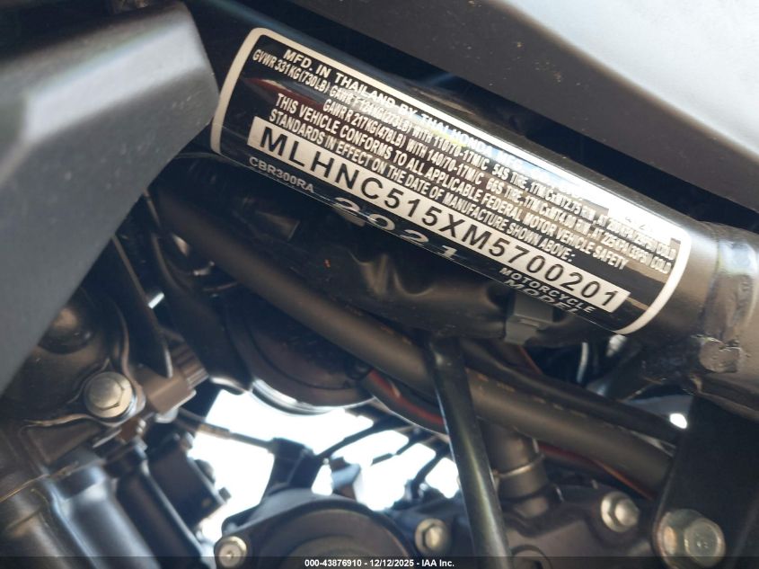 2021 Honda Cbr300 Ra VIN: MLHNC515XM5700201 Lot: 43876910