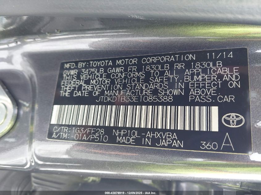 2014 Toyota Prius C Two VIN: JTDKDTB33E1085388 Lot: 43876919