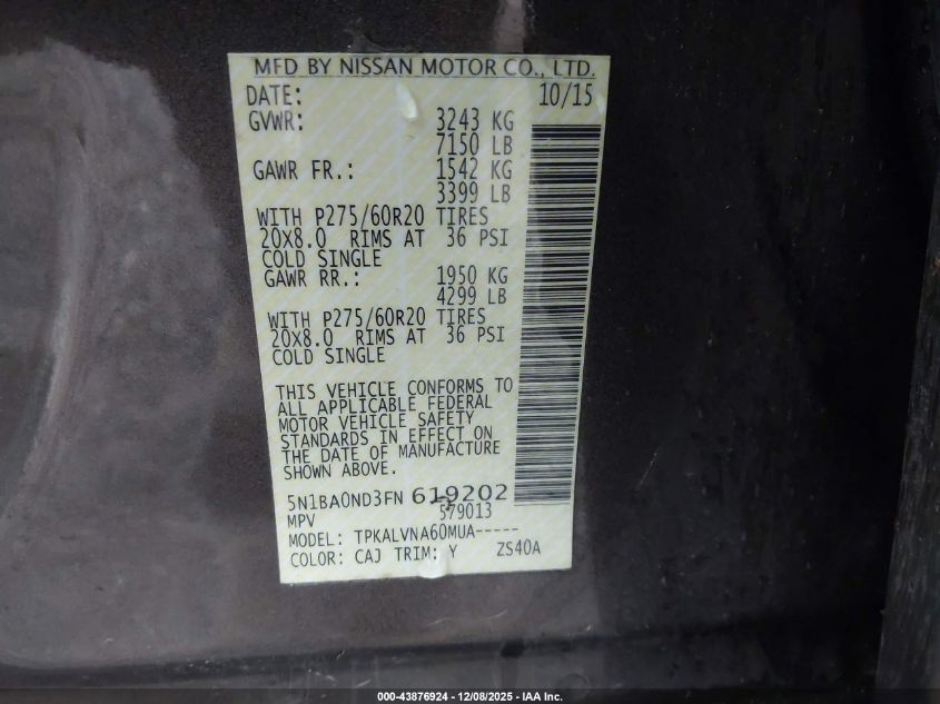 2015 Nissan Armada Sl VIN: 5N1BA0ND3FN619202 Lot: 43876924