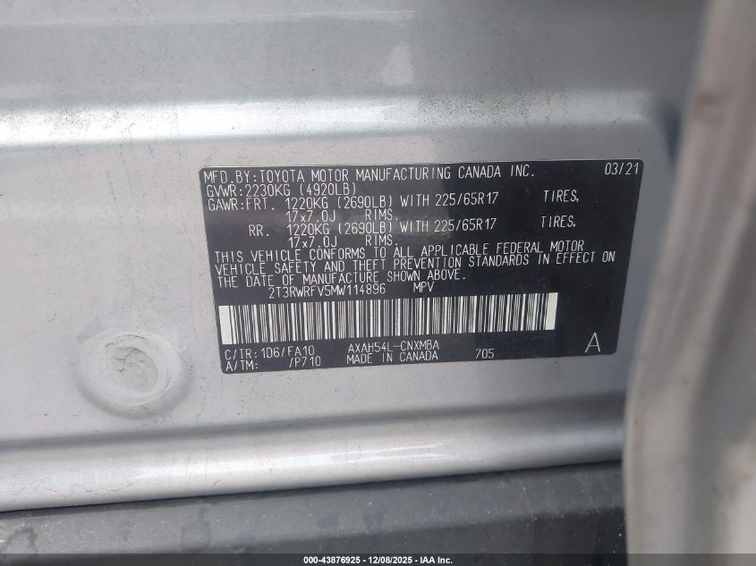 2021 Toyota Rav4 Hybrid Xle VIN: 2T3RWRFV5MW114896 Lot: 43876925