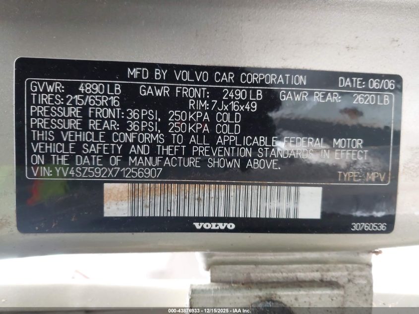 2007 Volvo Xc70 2.5T VIN: YV4SZ592X71256907 Lot: 43876933