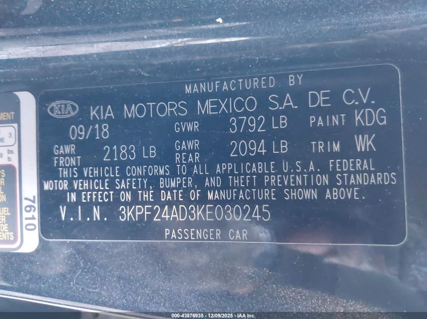 2019 Kia Forte Lxs VIN: 3KPF24AD3KE030245 Lot: 43876935