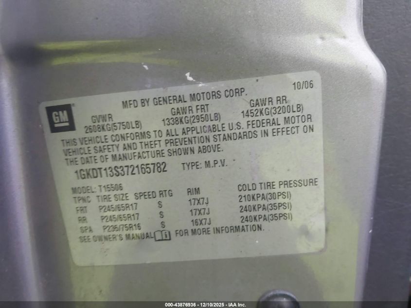 2007 GMC Envoy Sle VIN: 1GKDT13S372165782 Lot: 43876936