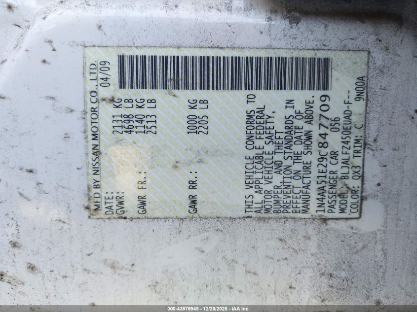 2009 Nissan Maxima 3.5 Sv VIN: 1N4AA51E29C847709 Lot: 43876945