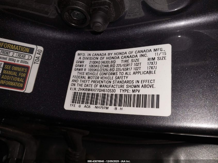 2016 Honda Cr-V Ex-L VIN: 2HKRM4H77GH610530 Lot: 43876946