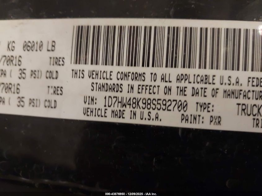 2008 Dodge Dakota Slt VIN: 1D7HW48K98S592700 Lot: 43876950