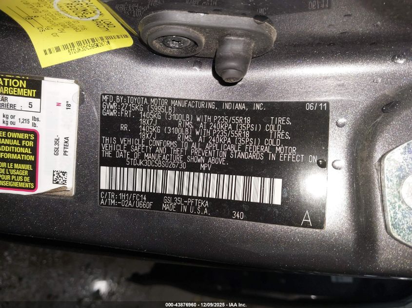 2011 Toyota Sienna Le VIN: 5TDJK3DC5BS026730 Lot: 43876960