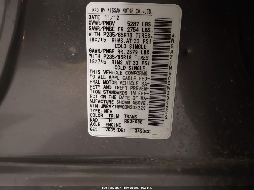 2013 Nissan Murano Sl VIN: JN8AZ1MW0DW309229 Lot: 43876967