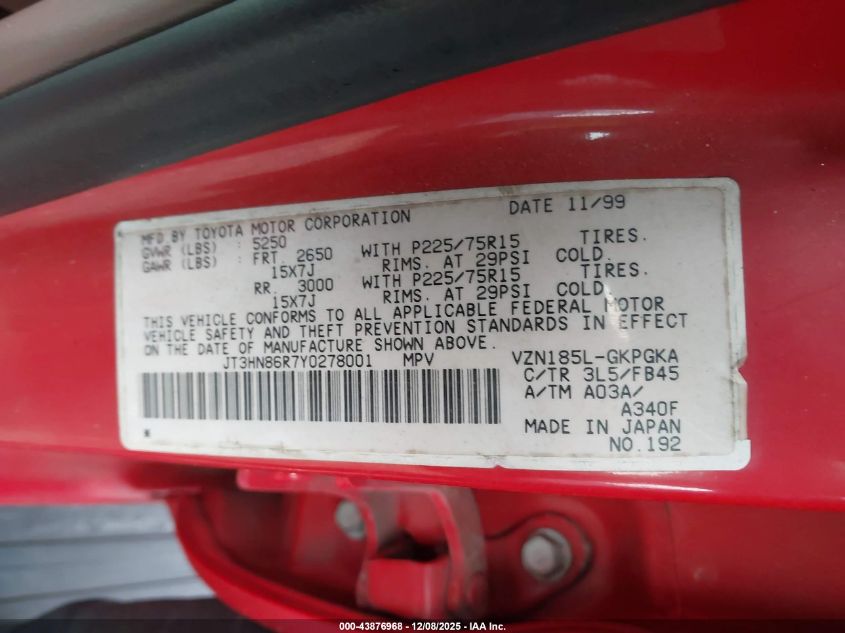 2000 Toyota 4Runner Sr5 V6 VIN: JT3HN86R7Y0278001 Lot: 43876968