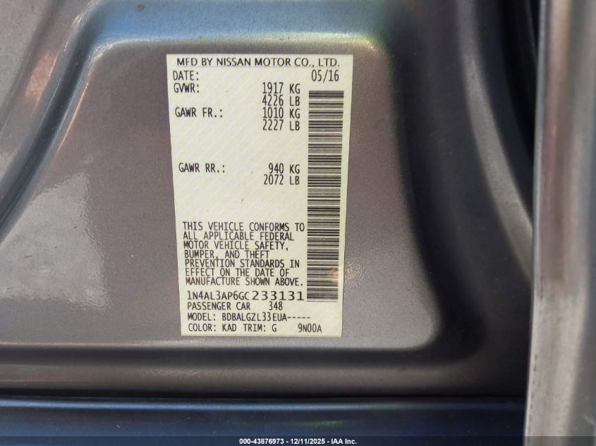 2016 Nissan Altima 2.5/2.5 S/2.5 Sl/2.5 Sr/2.5 Sv VIN: 1N4AL3AP6GC233131 Lot: 43876973