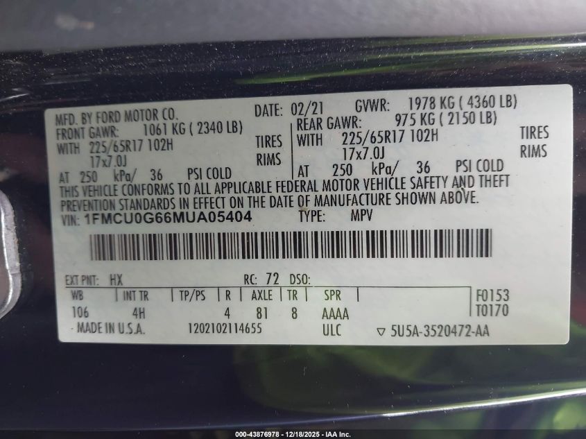 2021 Ford Escape Se VIN: 1FMCU0G66MUA05404 Lot: 43876978