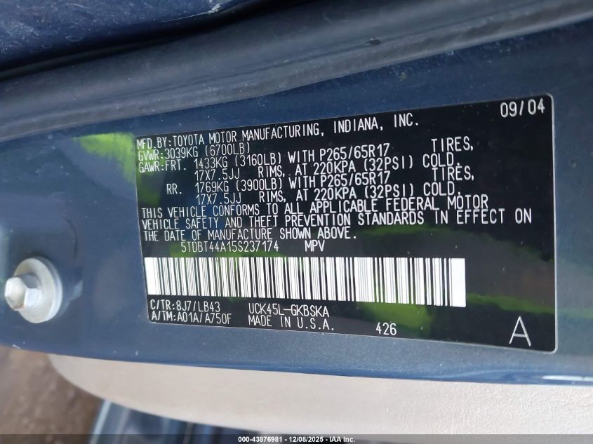 2005 Toyota Sequoia Sr5 VIN: 5TDBT44A15S237174 Lot: 43876981