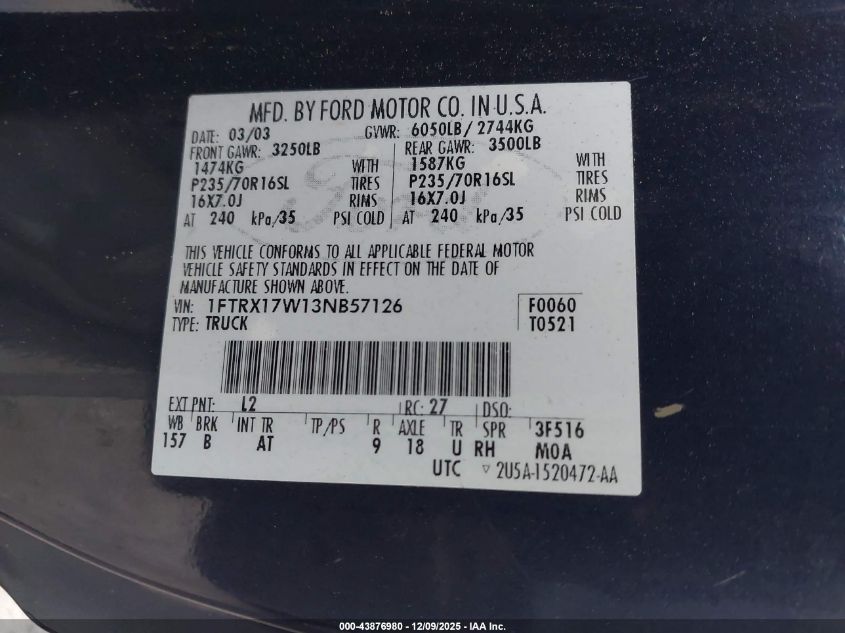 2003 Ford F-150 Lariat/Xl/Xlt VIN: 1FTRX17W13NB57126 Lot: 43876980