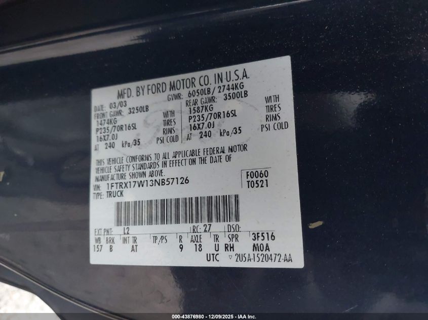 2003 Ford F-150 Lariat/Xl/Xlt VIN: 1FTRX17W13NB57126 Lot: 43876980