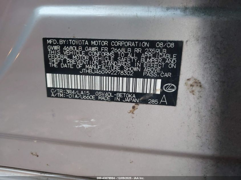 2009 Lexus Es 350 VIN: JTHBJ46G992278302 Lot: 43876984