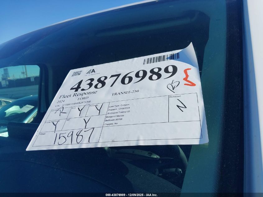 2024 Ford Transit-250 VIN: 1FTBR1Y84RKB75268 Lot: 43876989