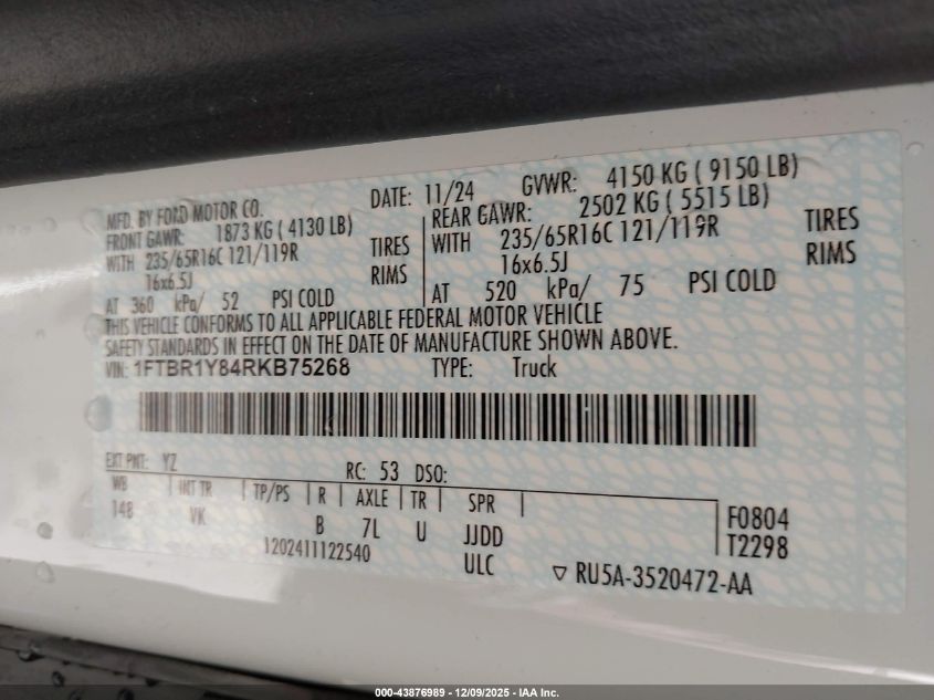 2024 Ford Transit-250 VIN: 1FTBR1Y84RKB75268 Lot: 43876989