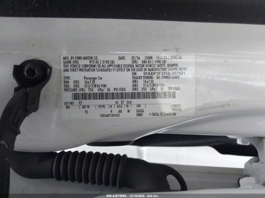 2016 Ford Focus Se VIN: 1FADP3F25GL357521 Lot: 43876996