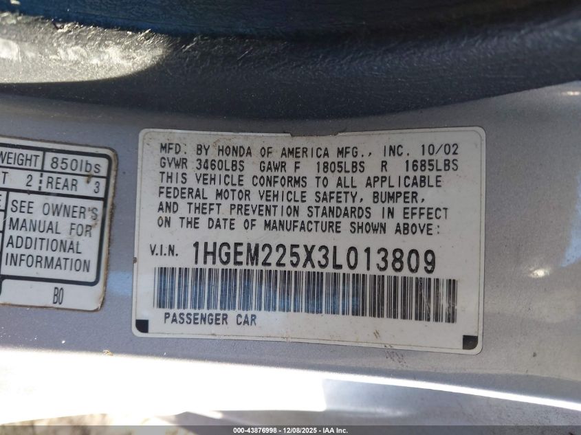 2003 Honda Civic Lx VIN: 1HGEM225X3L013809 Lot: 43876998