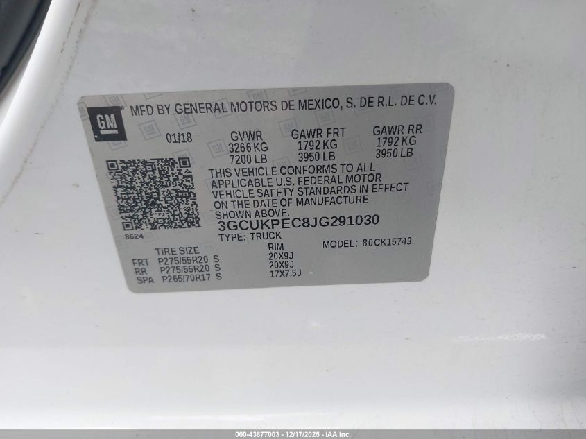 2018 Chevrolet Silverado 1500 Custom VIN: 3GCUKPEC8JG291030 Lot: 43877003