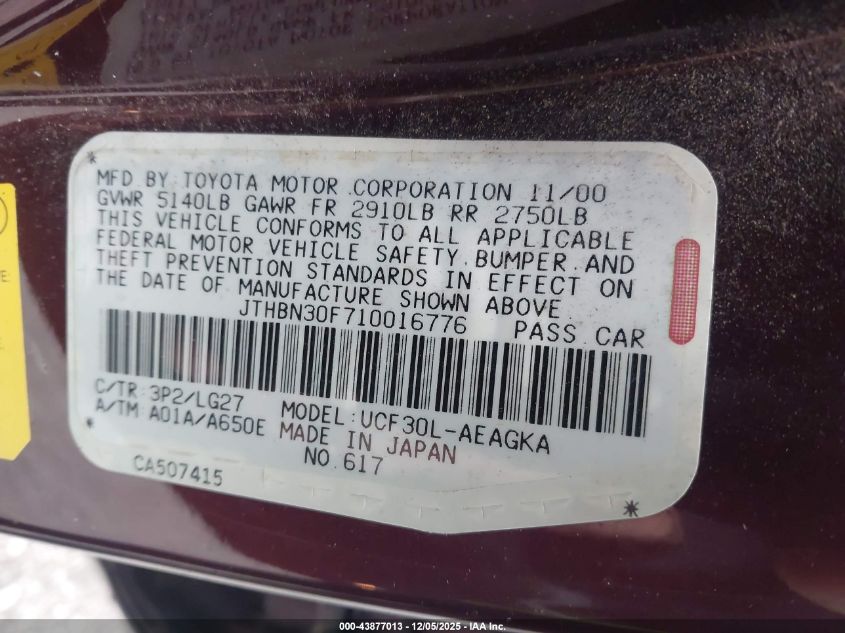 2001 Lexus Ls 430 VIN: JTHBN30F710016776 Lot: 43877013