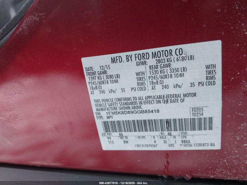 2016 Ford Explorer Xlt VIN: 1FM5K8D89GGB85418 Lot: 43877016